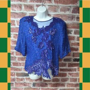 Vintage 80s JRT James River Silk Top Large Blue Floral Mesh Neckline